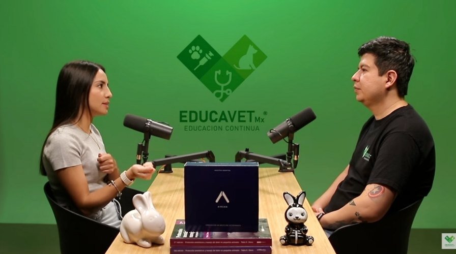 Entrevista en mesa con fondo verde y la marca del programa